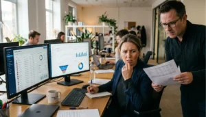 Marketing manager reviewing CRM data on two monitors, analyzing AI data quality issues in daily business operations